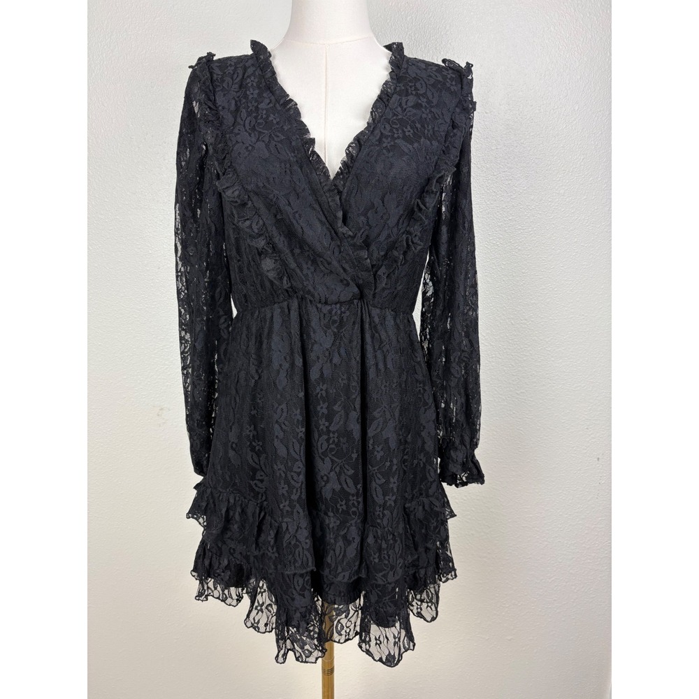 Dizzy Lizzy Small Black Lace Ruffle Mini Dress Long Sleeve V-Neck Surplice Goth
